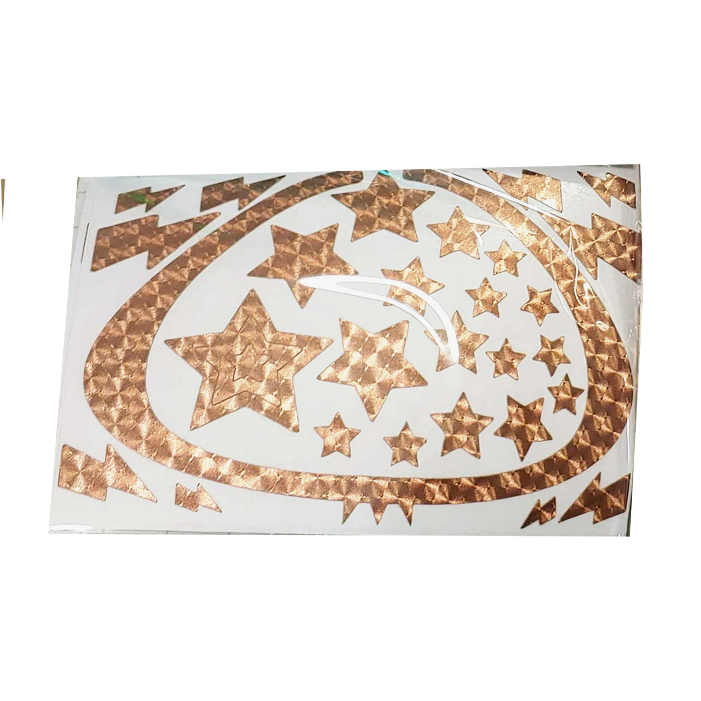 Picture of an copper decal on a white rectangle; clear background