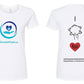 An image of the front and the back of the contoured cut t-shirt. It's white with the Donate Mask Logo on the front. On the back is the letter I, a picture of an N95 mask and the word for in a red heart to spell out "I mask for". There is a blank line under the red heart intended for writing a name or similar.
