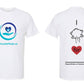 An image of the front and the back of the straight cut t-shirt. It's white with the Donate Mask Logo on the front. On the back is the letter I, a picture of an N95 mask and the word for in a red heart to spell out "I mask for". There is a blank line under the red heart intended for writing a name or similar.