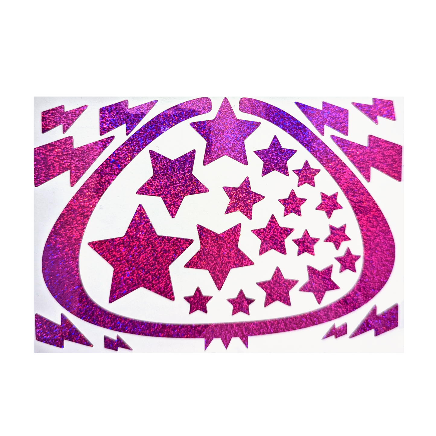 Picture of an fuschia star decal on a white rectangle; clear background