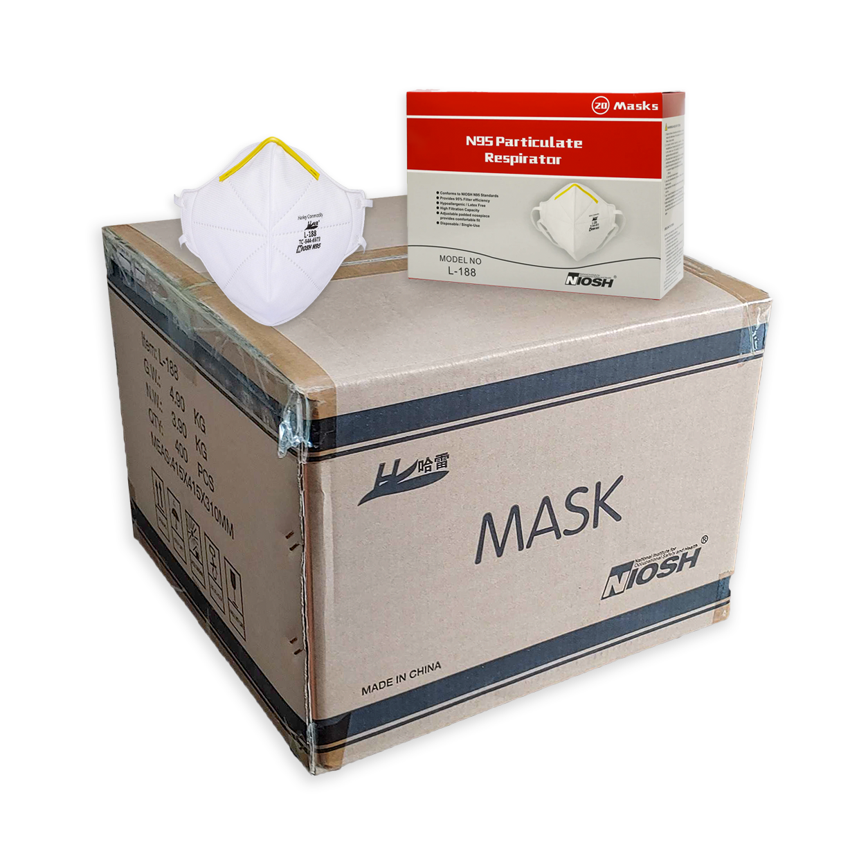 Picture of Harley box, with a white mask and red/white rectangular box above it; clear background