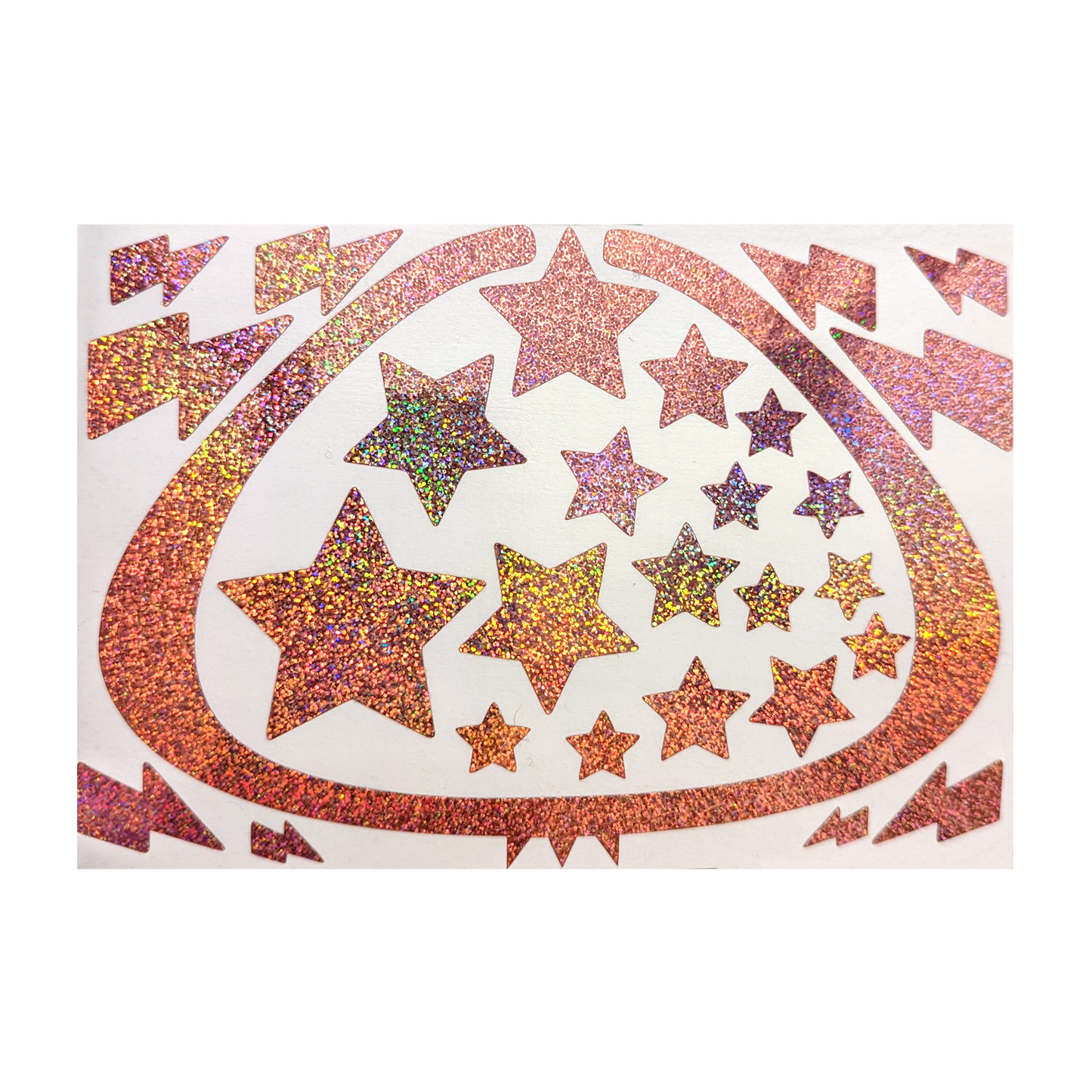 Picture of a glittery pink star decal on a white rectangle; clear background