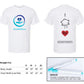 An image of the front and the back of the t-shirt. It's white with the Donate Mask Logo on the front. The lower left has a chart of the measurements of the straight cut sizes. Each measurement is body length and chest width respectively: Small 28 inches, 18 inches; Medium is 29 inches, 20 inches; Large is 30 inches, 22 inches; XL is 31 inches, 24 inches. Bottom right corner shows inset picture of fabric markers