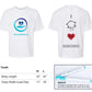 An image of the front and the back of the t-shirt. It's white with the Donate Mask Logo on the front. The lower left has a chart of the measurements of the youth cut sizes. Each measurement is body length and chest width respectively:   Medium is 22 inches, 17 inches; Large is 24 inches, 18 inches. Bottom right corner shows inset picture of fabric markers