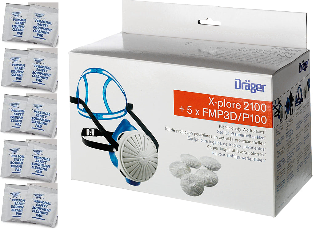 Photo of a white box. There is a respirator, with black and blue straps on the outside of the box. Along the left side of the photo is 5 rows of cleaning pad packets.