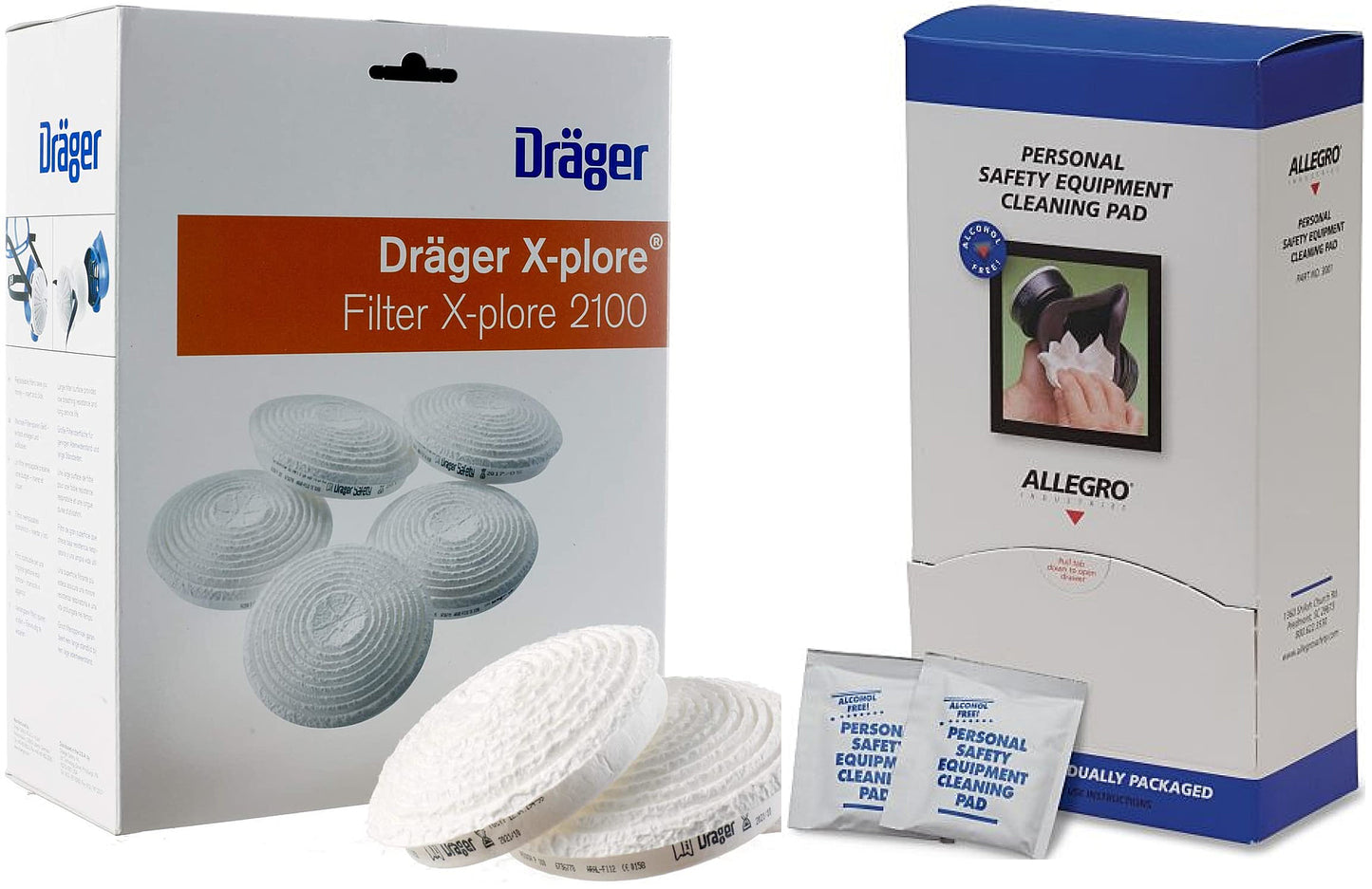 A photo of 2 boxes. Box on the left is white and has a picture of 5 filterx, and the box on the right is white with blue, and shows a picture of a person cleaning a respirator with a cleaning pad