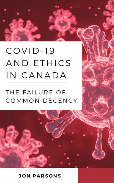 Book cover with the title "COVID-19 and Ethics in Canada" on a red background with white spike viruses