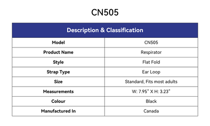 Description & Classification Table:
Model: CN505
Product Name: Respirator
Style: Flat Fold
Strap Style: Ear Loop
Size: Standard, Fits most adults
Measurements: W: 7.95" X H:3.23"
Colour: Black
Manufactured In: Canada