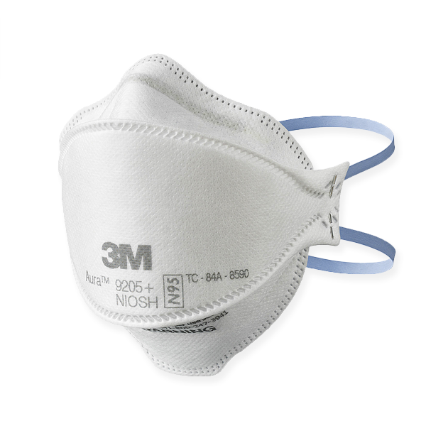 A photo of a white mask with blue straps; prominent 3M logo on the mask