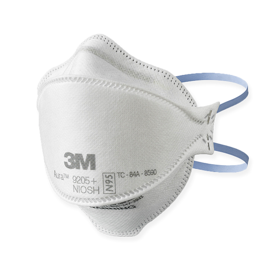 A photo of a white mask with blue straps; prominent 3M logo on the mask