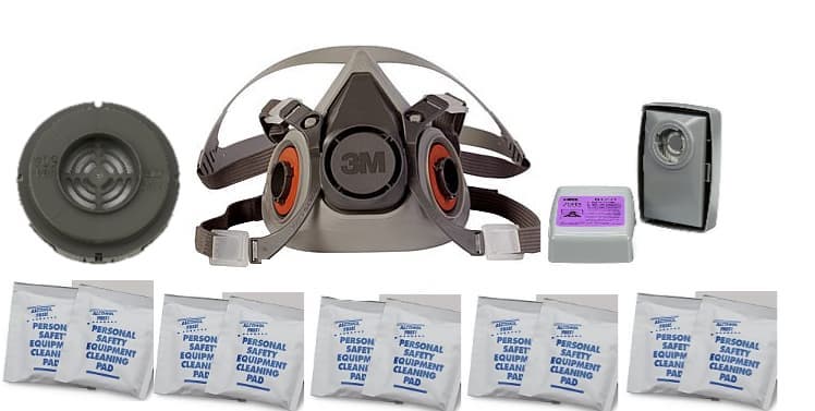 A picture of the respirator components, and on the bottom a row of wipe packets; on a white background.
