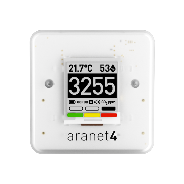 Photo of the aranet4 monitor with numbers and green/yellow/red indicator on the screen