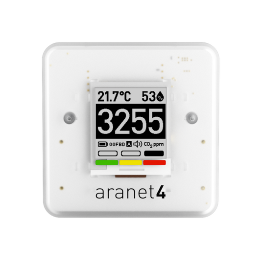 Photo of the aranet4 monitor with numbers and green/yellow/red indicator on the screen