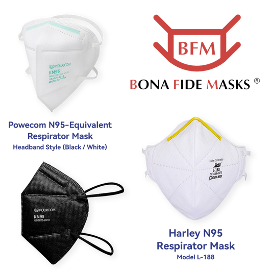 Photo of 3 Bona Fide masks, a white mask in the top left, a black mask in the bottom left, a white mask on the bottom right, and the Bona Fide Mask logo in the top right