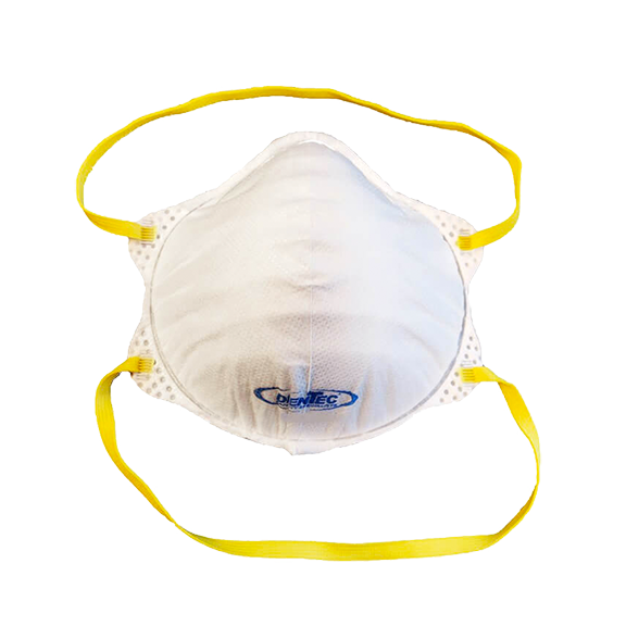 Photo of a white mask with yellow straps. Prominent Dentec logo on the bottom of the mask