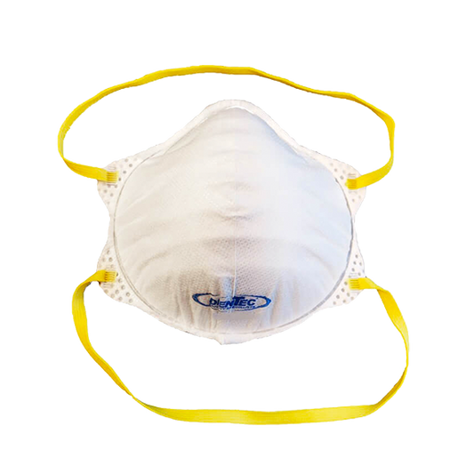 Photo of a white mask with yellow straps. Prominent Dentec logo on the bottom of the mask