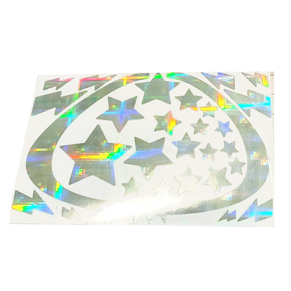 Picture of a silver decal on a white rectangle; clear background 