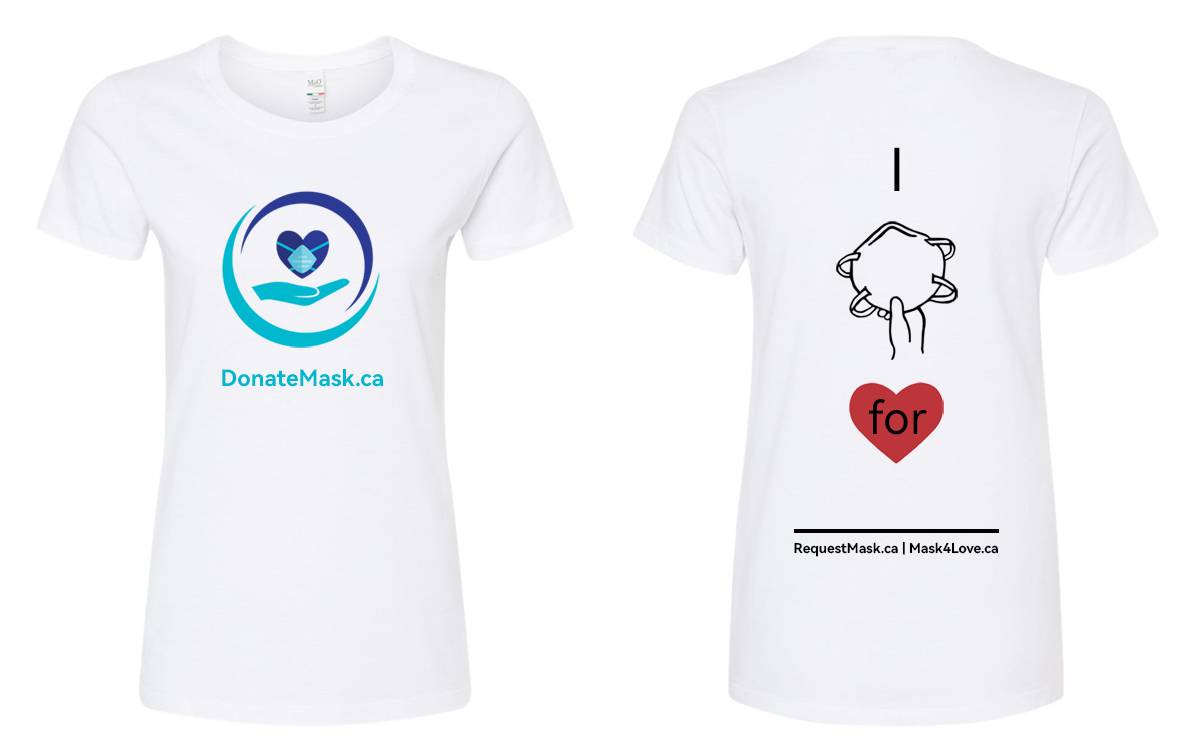 An image of the front and the back of the contoured cut t-shirt. It's white with the Donate Mask Logo on the front. On the back is the letter I, a picture of an N95 mask and the word for in a red heart to spell out "I mask for". There is a blank line under the red heart intended for writing a name or similar.