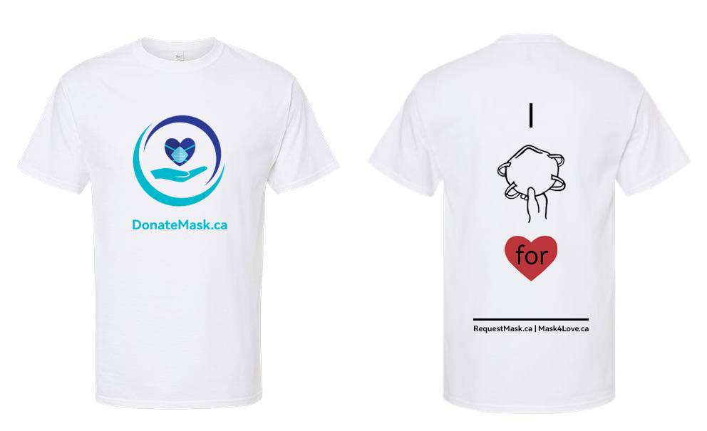 An image of the front and the back of the straight cut t-shirt. It's white with the Donate Mask Logo on the front. On the back is the letter I, a picture of an N95 mask and the word for in a red heart to spell out "I mask for". There is a blank line under the red heart intended for writing a name or similar.