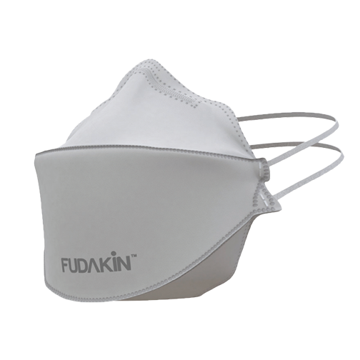 Photo of a white mask with white straps, and a prominent Fudakin logo on the bottom of the mask