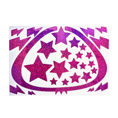 Picture of an fuschia star decal on a white rectangle; clear background 