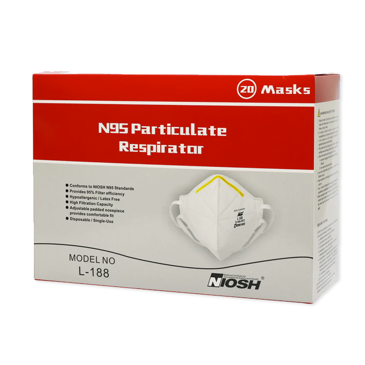 Picture of white/red rectangular box with "N95 Particulate Respirator" name; clear background