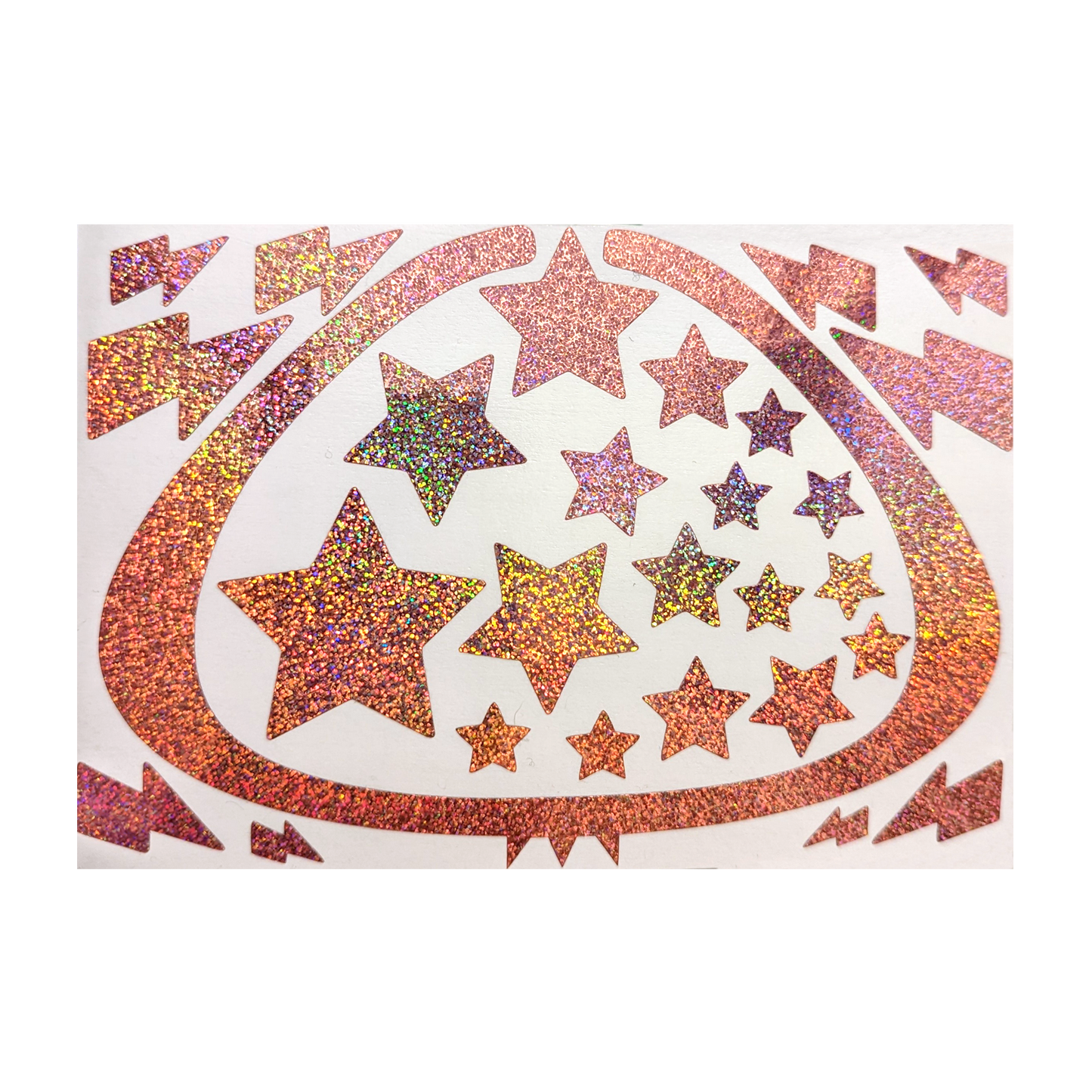 Picture of a glittery pink star decal on a white rectangle; clear background 