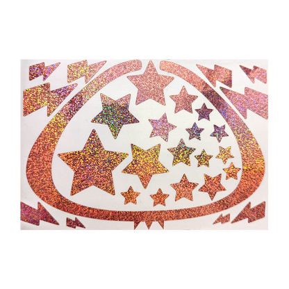 Picture of a glittery pink star decal on a white rectangle; clear background 
