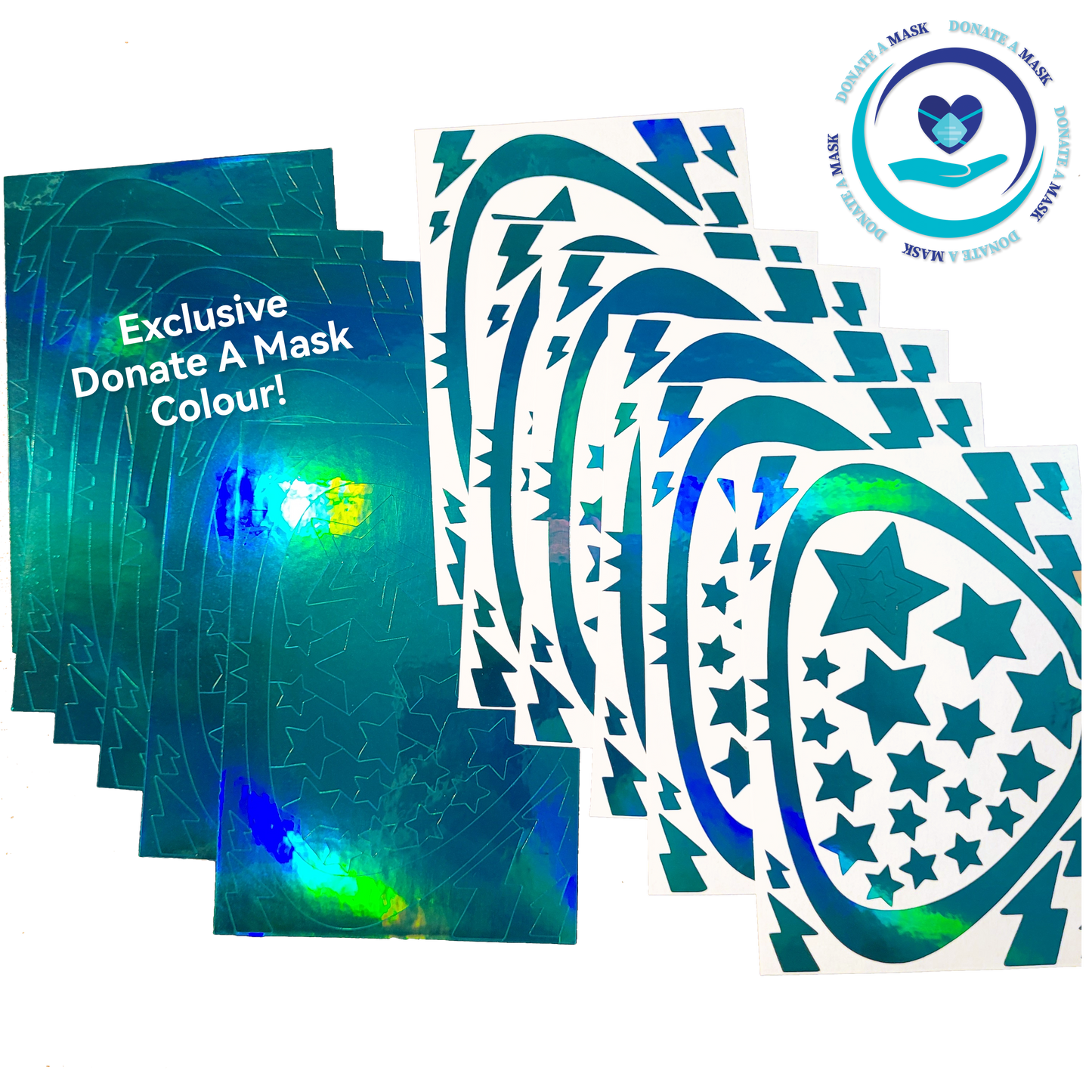 Picture of turquoise decals with a Donate Mask logo in the top right; Wording in the left side: "Exclusive Donate A Mask Colour!"