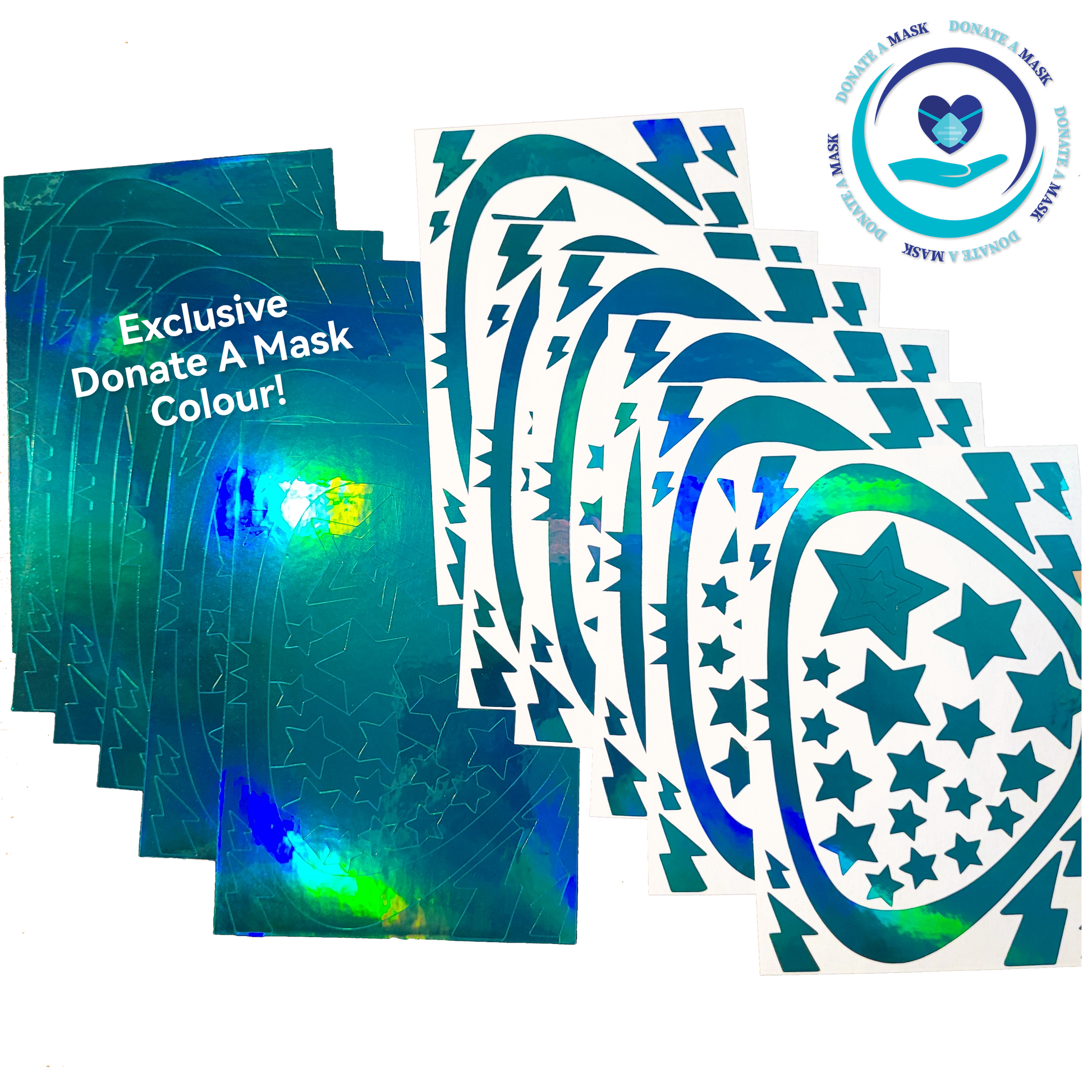 Picture of turquoise decals with a Donate Mask logo in the top right; Wording in the left side: "Exclusive Donate A Mask Colour!"