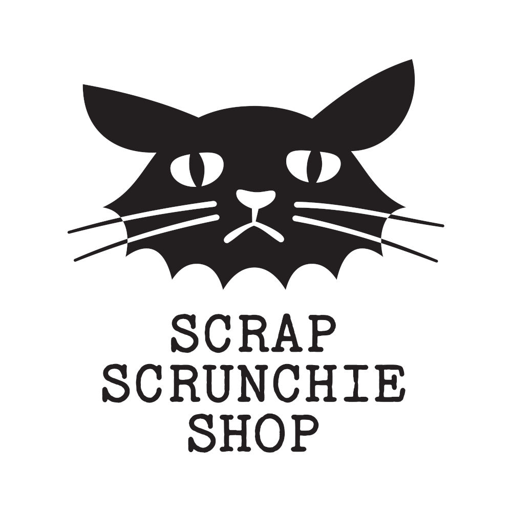Scrap Scrunchie Shop name below a sylized black cat; white background
