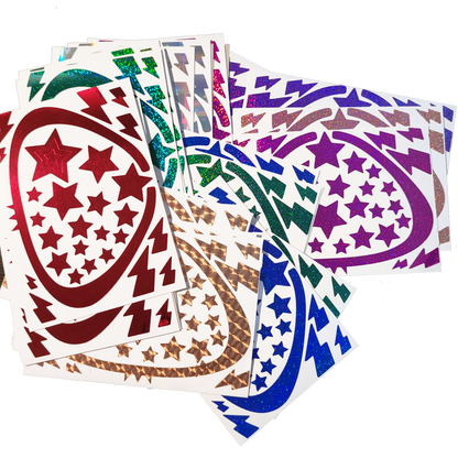 Photo of various colours of decals in a fanned pile