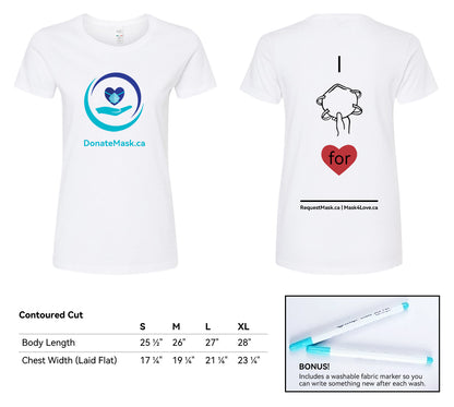 An image of the front and the back of the t-shirt. It's white with the Donate Mask Logo on the front.  The lower left has a chart of the  measurements of the contoured cut sizes. Each measurement is body length and chest width respectively: Small 25 1/4 inches, 17 1/4 inches; Medium is 26 inches, 19 1/4 inches; Large is 27 inches, 21 1/4 inches; XL is 28 inches, 23 1/4 inches. Bottom right corner shows inset picture of fabric markers