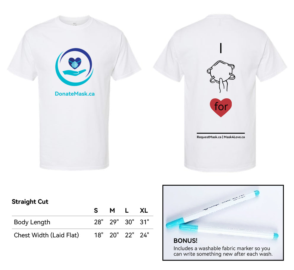 An image of the front and the back of the t-shirt. It's white with the Donate Mask Logo on the front. The lower left has a chart of the measurements of the straight cut sizes. Each measurement is body length and chest width respectively: Small 28 inches, 18 inches; Medium is 29 inches, 20 inches; Large is 30 inches, 22 inches; XL is 31 inches, 24 inches. Bottom right corner shows inset picture of fabric markers
