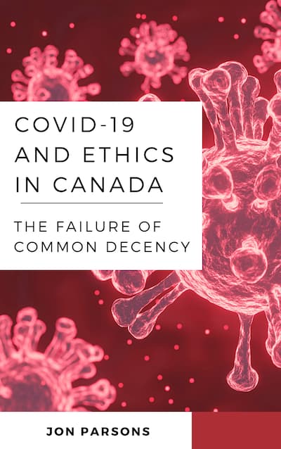 Book cover with the title "COVID-19 and Ethics in Canada" on a red background with white spike viruses 