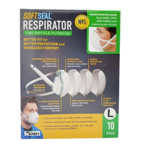 Picture of a box of size large, 10 quantity SoftSeal 3d silicone N95 certified respirator on a white background