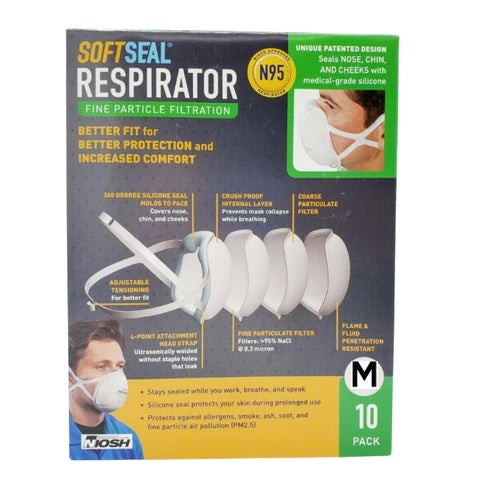 Picture of a box of size medium, 10 quantity SoftSeal 3d silicone N95 certified respirator on a white background
