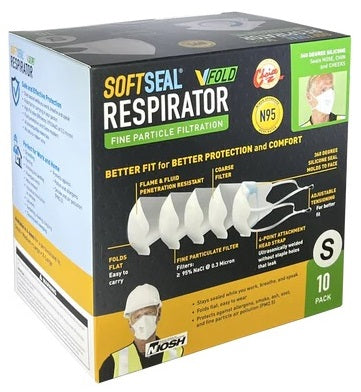 Picture of a box of size small, 10 quantity SoftSeal VFold N95 certified respirator on a white background