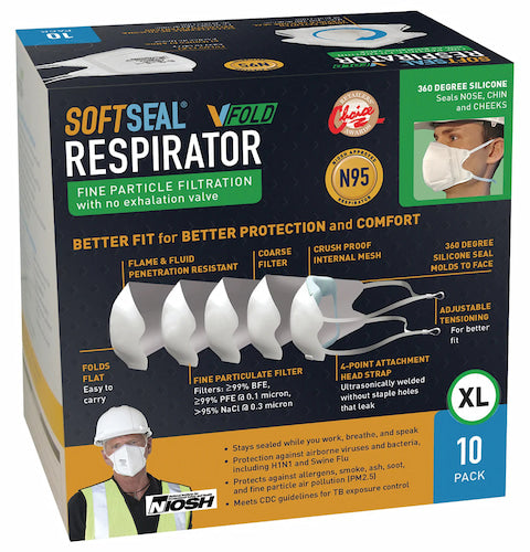 Picture of a box of size extra large, 10 quantity SoftSeal VFold N95 certified respirator on a white background